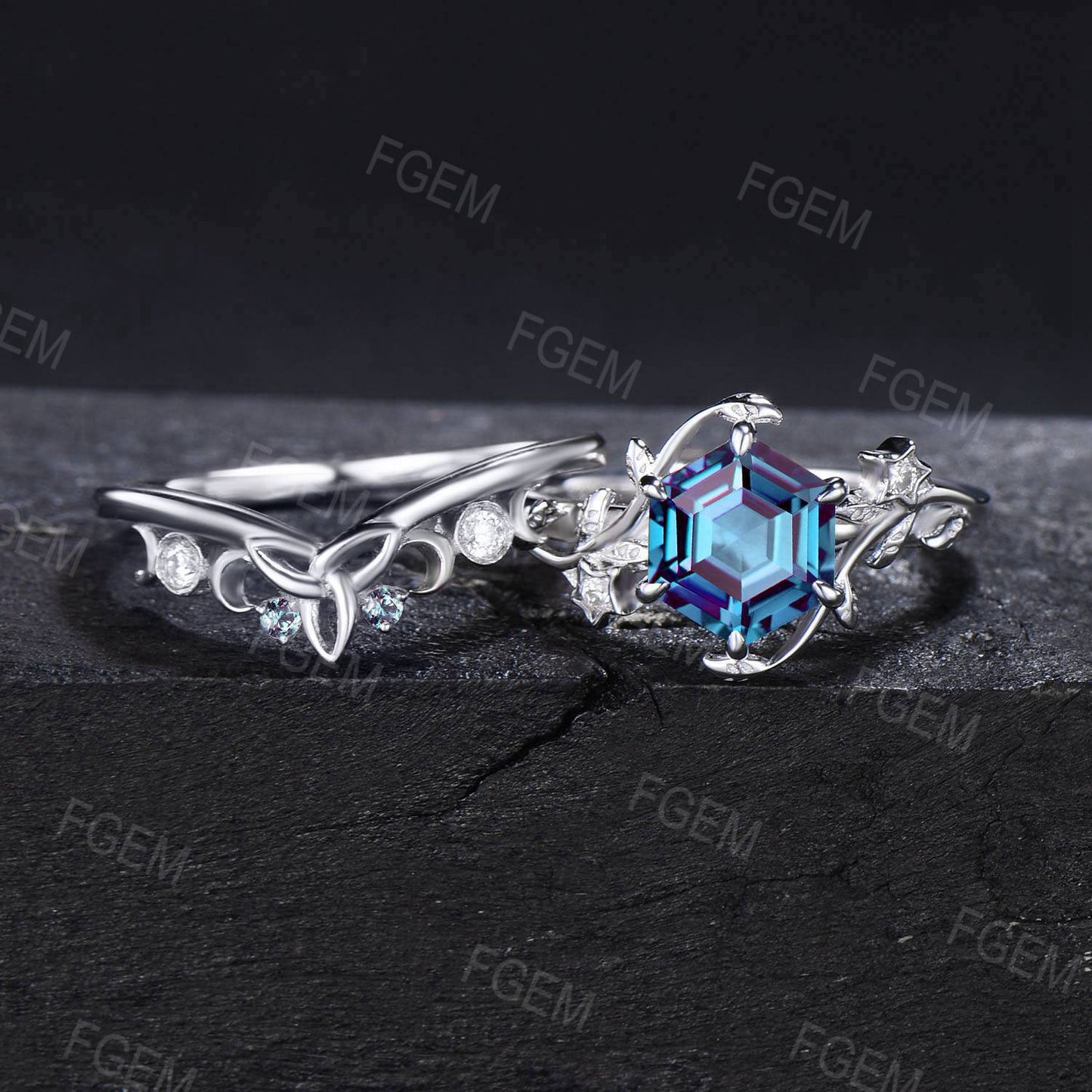 Celtic Moon Star Alexandrite Ring Set 1ct Hexagon Cut Color-Change Alexandrite Engagement Ring Leaf Branch Moissanite Bridal Set