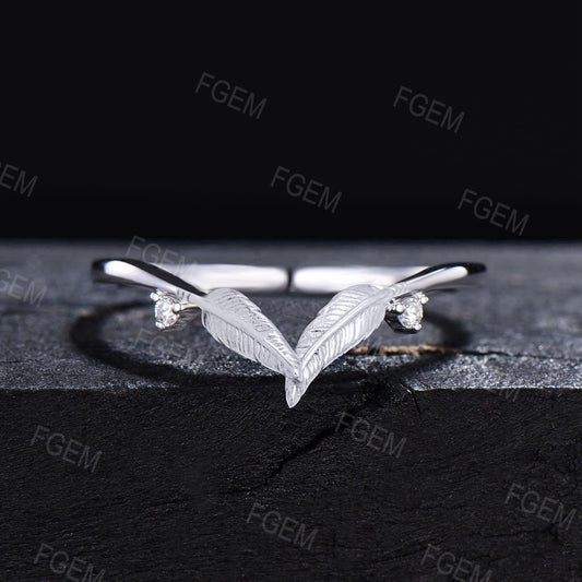 Silver Feather Ring Chevron Moissanite Wedding Band 10k/14k White Gold Angel Wings Feather Ring Minimalist Boho Stackable Band for Couple