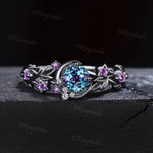 Black Moon Leaf Alexandrite Engagement Ring Cluster Moissanite Amethyst Promise Bridal Ring 10k Black Gold Wedding Ring Anniversary Gift