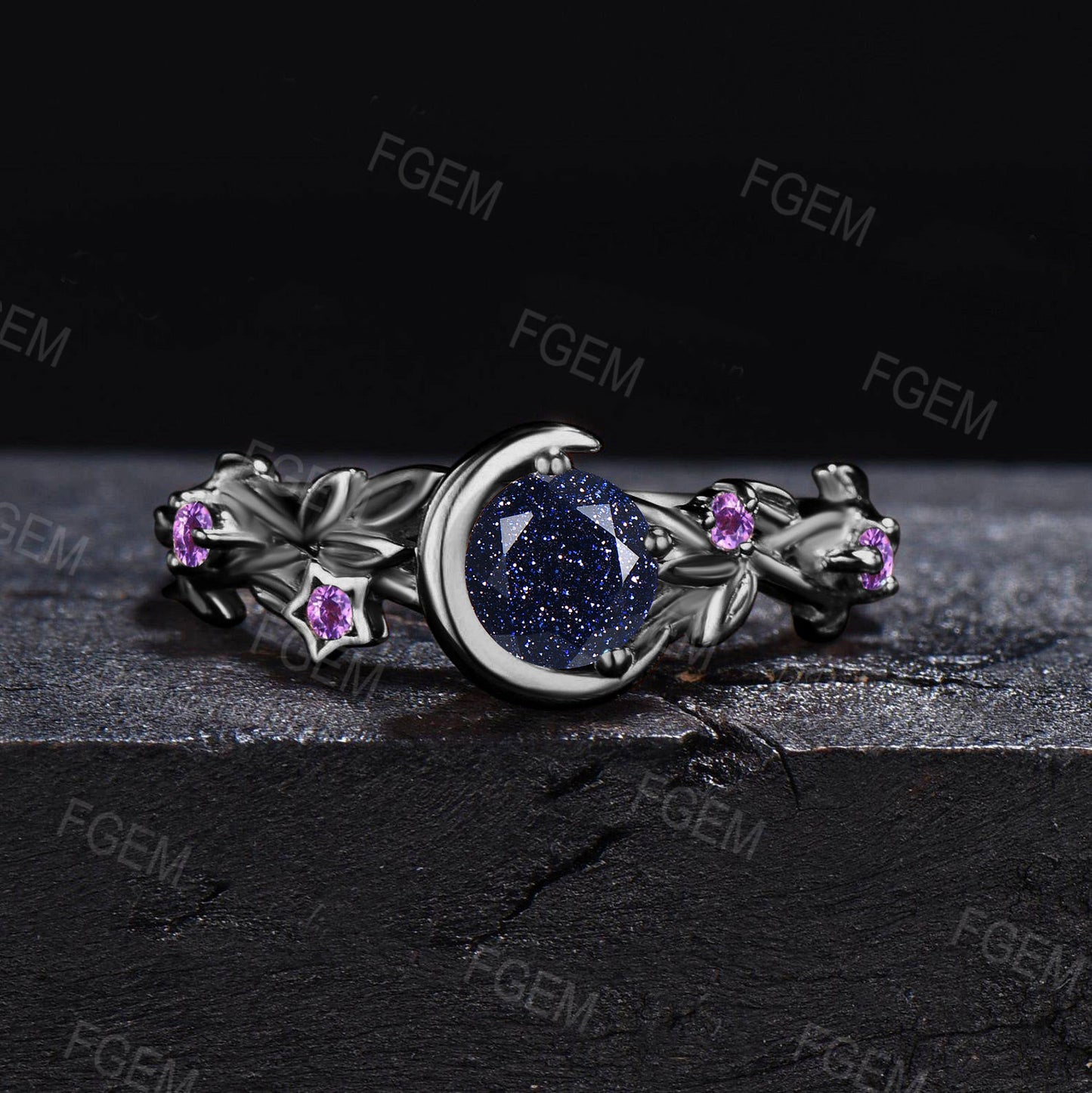 Nature Inspired Galaxy Blue Goldstone Amethyst Engagement Ring Moon Star Design Round Blue Sandstone Ring Branch Leaf Amethyst Wedding Rings