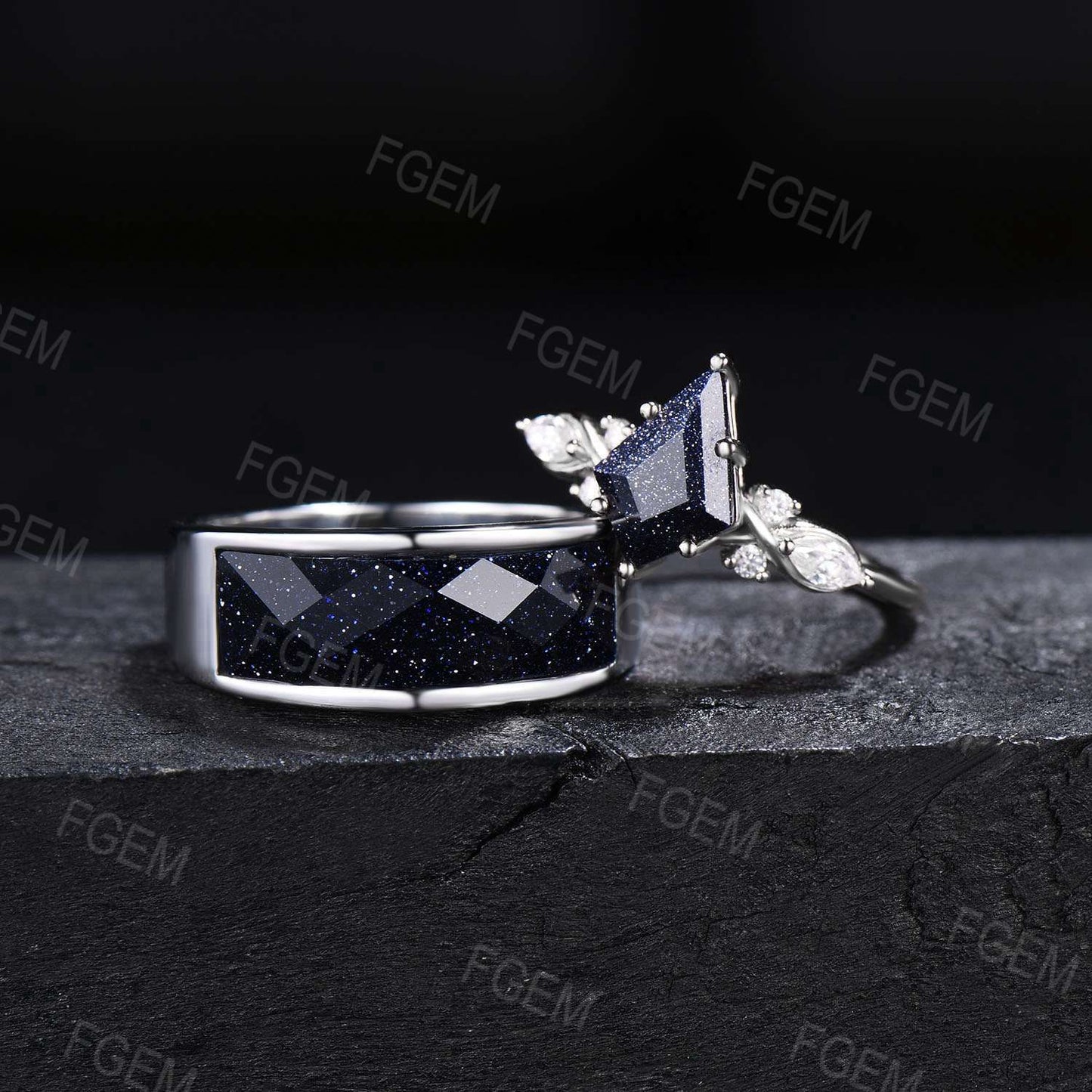 Unique Couple Ring Kite Blue Sandstone Engagement Ring Set White Gold Moissanite Ring Men Statement Ring His and Her Wedding Band for Couple