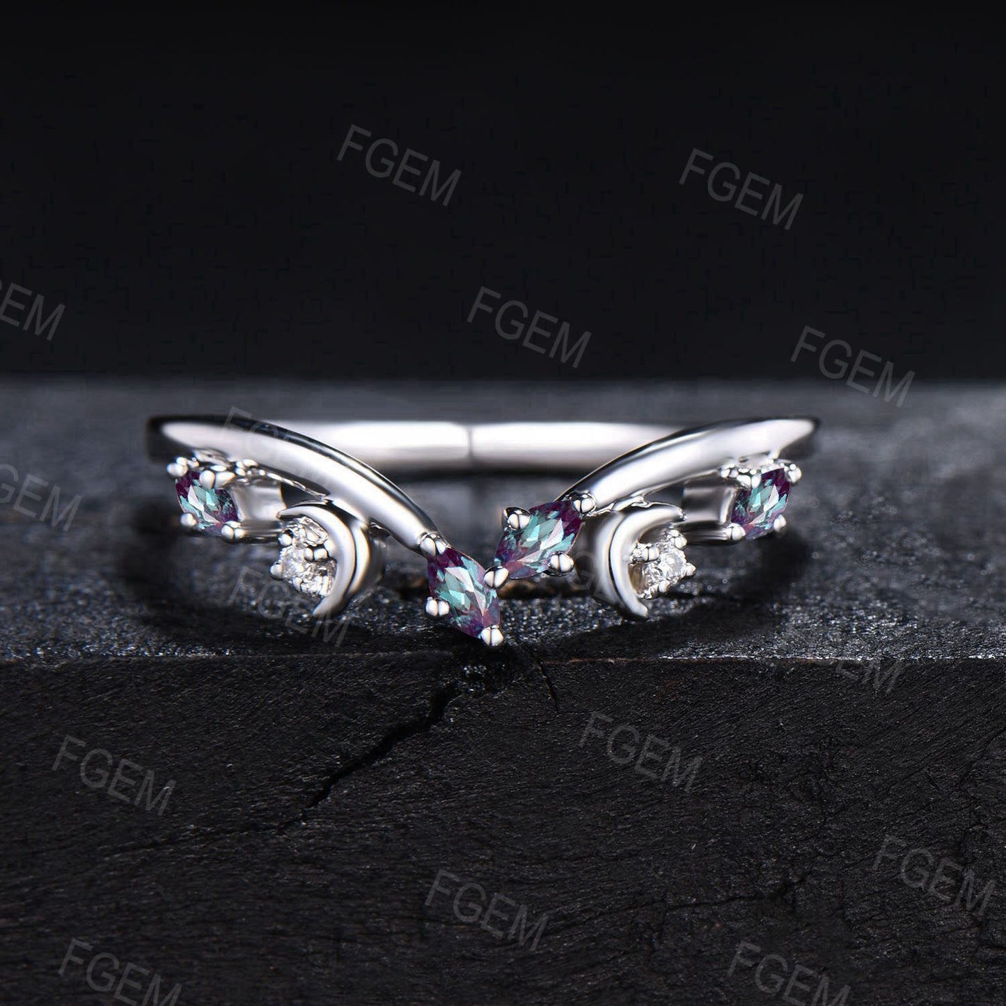 Unique Marquise Alexandrite Wedding Band Sterling Moon Moissanite Matching Band Minimalist Chevron Ring Curved Stacking Band Proposal Women Gifts