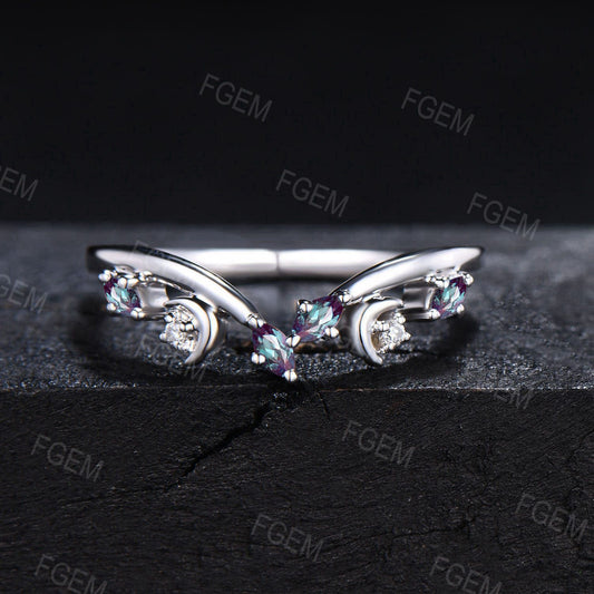 Unique Marquise Alexandrite Wedding Band Sterling Moon Moissanite Matching Band Minimalist Chevron Curved Stacking Band Proposal Women Gifts