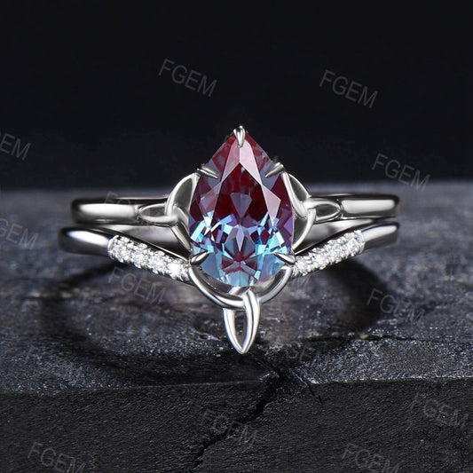 Unique Pear Alexandrite Ring Set Silver Celtic Alexandrite Wedding Ring Cluster Moissanite Trinity Knot Norse Viking Engagement Ring Gifts
