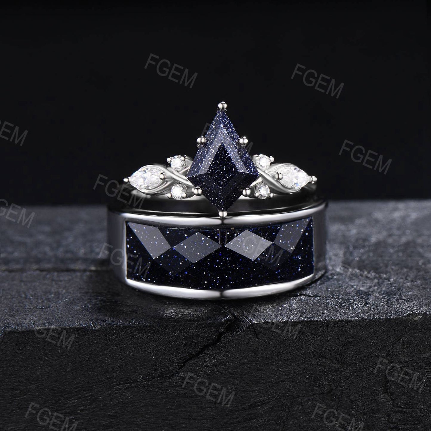 Unique Couple Ring Kite Blue Sandstone Engagement Ring Set White Gold Moissanite Ring Men Statement Ring His and Her Wedding Band for Couple