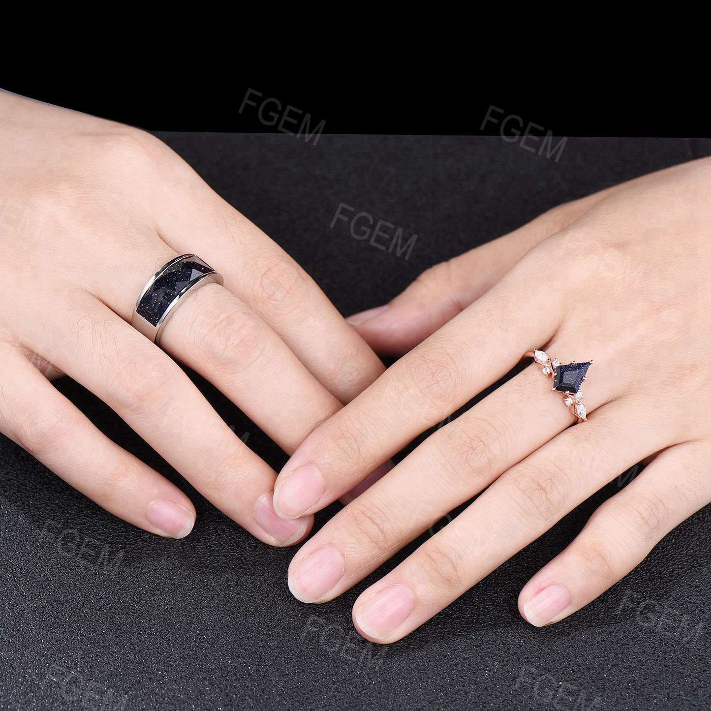 Unique Couple Ring Kite Blue Sandstone Engagement Ring Set White Gold Moissanite Ring Men Statement Ring His and Her Wedding Band for Couple