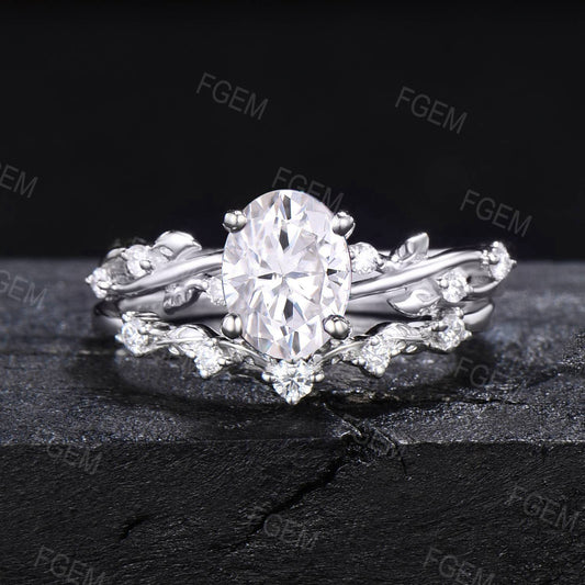 Nature Style Moissanite Ring Set Entangled Vines 1.5ct Oval Moissanite Ring Vintage Leaf Band Ring Moissanite Botanical Ring Proposal Gifts