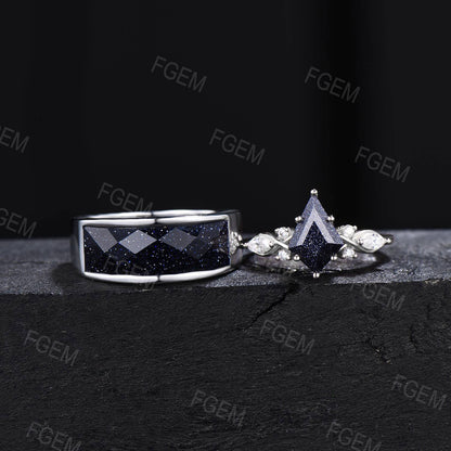 Unique Couple Ring Kite Blue Sandstone Engagement Ring Set White Gold Moissanite Ring Men Statement Ring His and Her Wedding Band for Couple