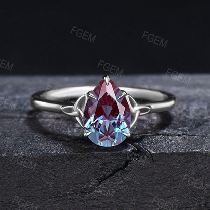 Unique Pear Alexandrite Ring Set Silver Celtic Alexandrite Wedding Ring Cluster Moissanite Trinity Knot Norse Viking Engagement Ring Gifts