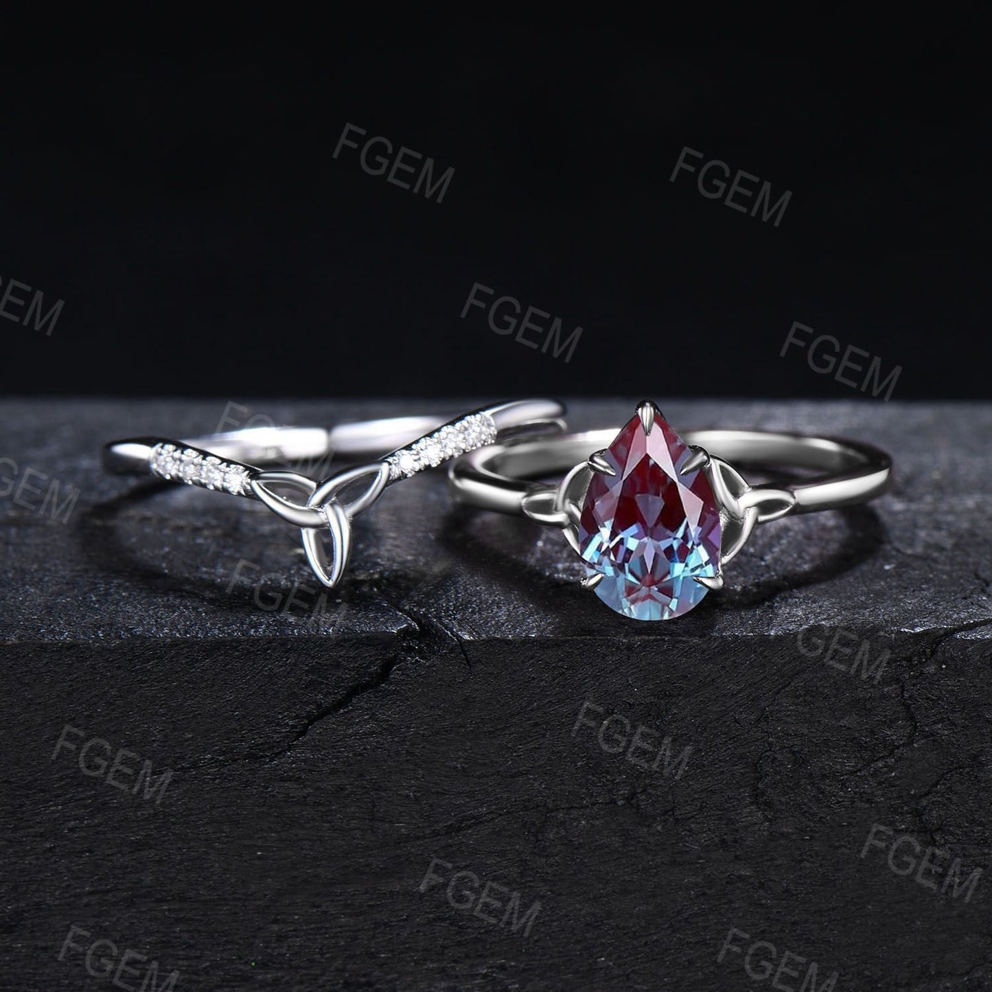 Unique Pear Alexandrite Ring Set Silver Celtic Alexandrite Wedding Ring Cluster Moissanite Trinity Knot Norse Viking Engagement Ring Gifts