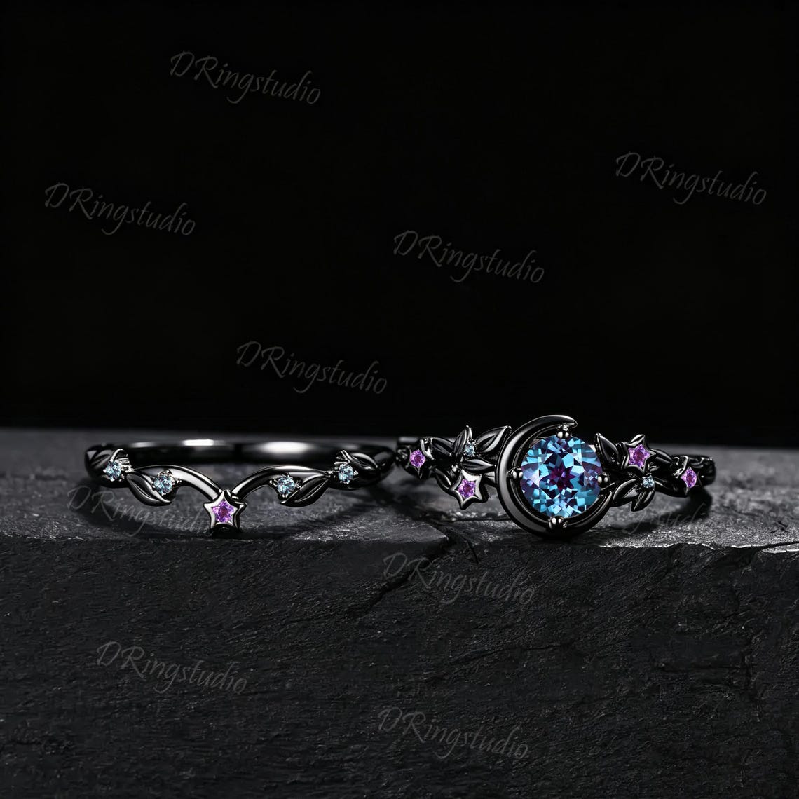 Gothic Black Vine Alexandrite Engagement Ring Celestial Moon Round Alexandrite Wedding Ring Set Black Gold Twig Ring Proposal Gift for Women