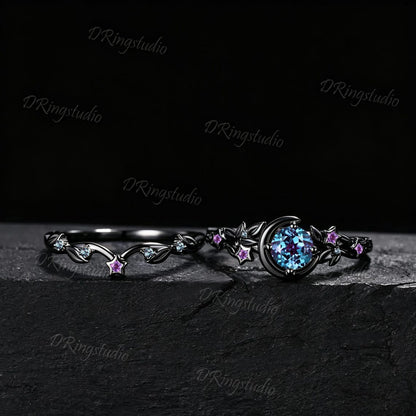 Gothic Black Vine Alexandrite Engagement Ring Celestial Moon Round Alexandrite Wedding Ring Set Black Gold Twig Ring Proposal Gift for Women