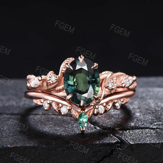 1.5ct Nature Inspired Natural Green Sapphire Bridal Set 14K Rose Gold Oval Wedding Ring Set Unique Twisted Vine Leaf Moissanite Emerald Ring