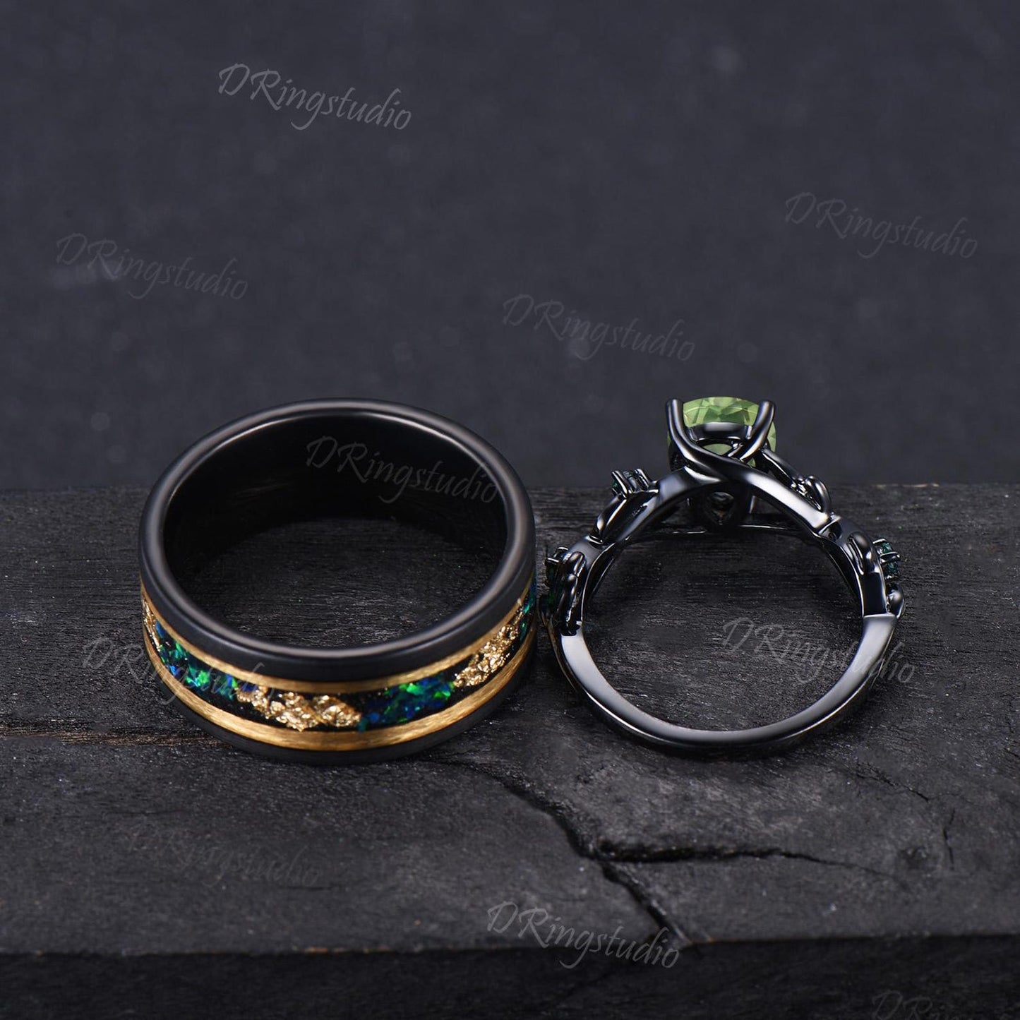 2pcs Pear Peridot Emerald Couple Rings Set Nature Inspired Black Gold Wedding Ring Tungsten Ring His and Hers Wedding Band Anniversary Gift
