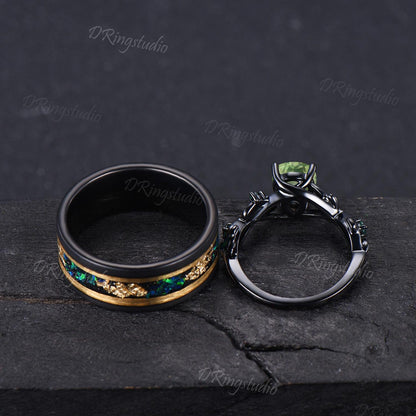 2pcs Pear Peridot Emerald Couple Rings Set Nature Inspired Black Gold Wedding Ring Tungsten Ring His and Hers Wedding Band Anniversary Gift