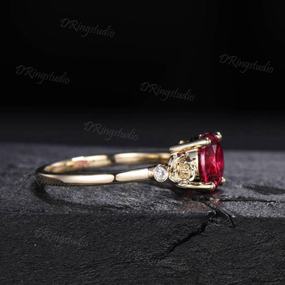 Rose Flower Nature Inspired Red Ruby Engagement Ring Round Ruby Nature Wedding Ring Floral Ruby Moissanite Ring July Birthstone Jewelry Gift
