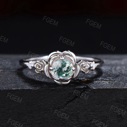 Rose Flower Engagement Ring Sterling Silver Round Natural Moss Agate Wedding Ring Floral Green Moss Opal Bridal Ring Propose Gifts for Women
