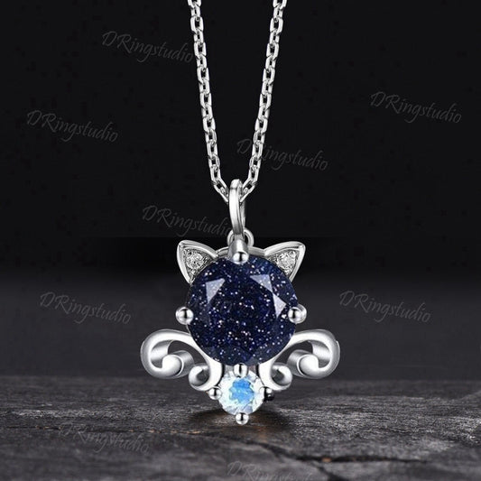 Kitten Round Blue Sandstone Necklace Sterling Silver Moonstone Pendant Art Deco Galaxy Goldstone Necklace Cat Wedding Jewelry Promise Gifts