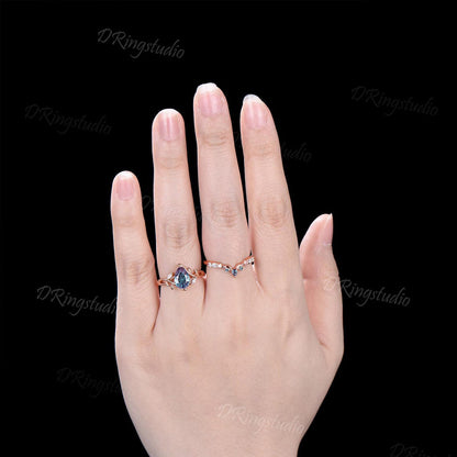 14k Rose Gold Twig Branch Leaf Engagement Ring Nature Inspired Fireworks Cut Alexandrite Bridal Set Unique Moon Star Moissanite Wedding Ring