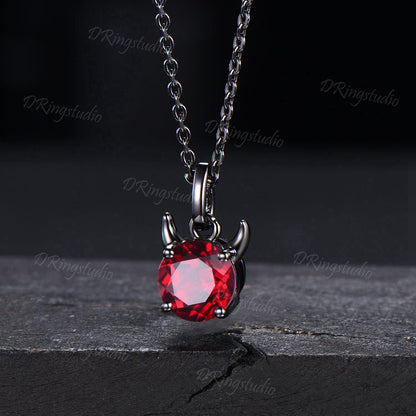 Devil pendant Unique 7mm Round Ruby Necklace Solid Black Gold Little Devil Red Gemstone Necklace July Birthstone Jewelry For Halloween