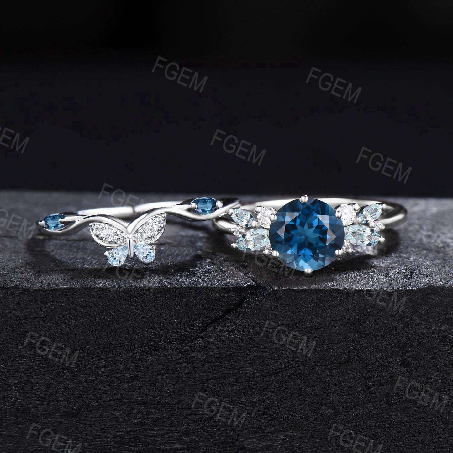 White Gold Butterfly Ring Round Natural London Blue Topaz Engagement Ring Art Deco Aquamarine Bridal Set December Birthstone Promise Gift