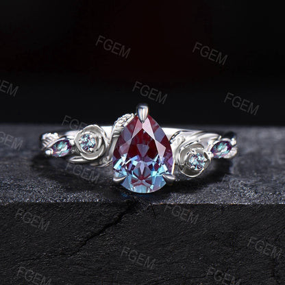 Floral Round Color-Change Alexandrite Ring Set Nature Inspired Leaf Vine Moissanite Alexandrite Bridal Set June Birthstone Bypass Ring Gifts