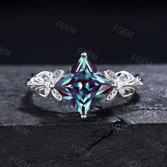 Dainty Butterfly Engagement Ring Vintage Princess Cut Alexandrite Wedding Ring Solid Gold Alexandrite Moissanite Ring Bridal Promise Gifts