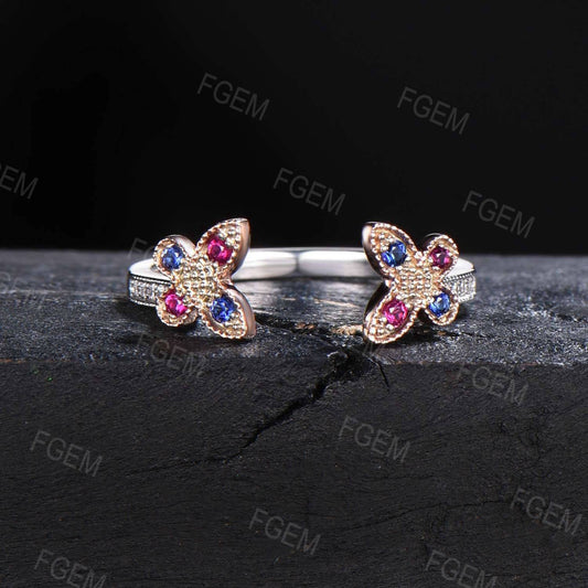 Art Deco Butterfly Wedding Band 14K Rose Gold Enhancer Guard Ring Unique Butterfly Enhancer Ring Vintage Sapphire Ruby Proposal Jacket Band