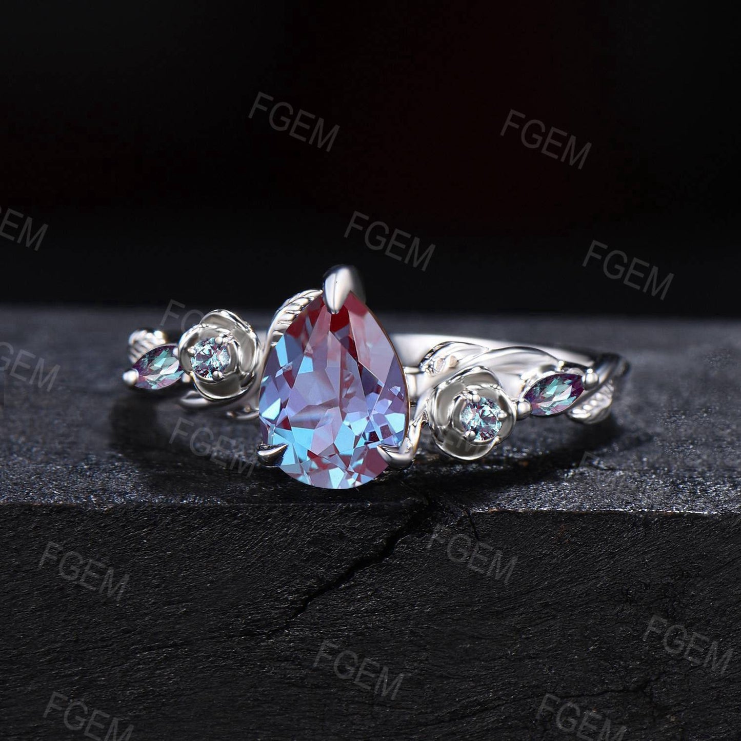 Rose Flower Alexandrite Rings 1.25ct Twig Vine Branch Nature Inspired Teardrop Cut Alexandrite Engagement Ring Unique June Birthstone Gifts