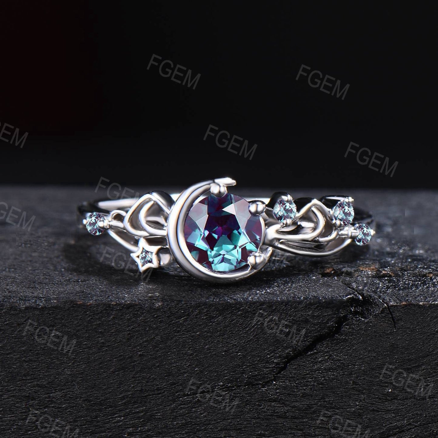 5mm Color-Change Alexandrite Ring Set Moon Star Design Bowknot Moonstone Ring Round Alexandrite Filigree Bridal Set June Birthstone Gifts