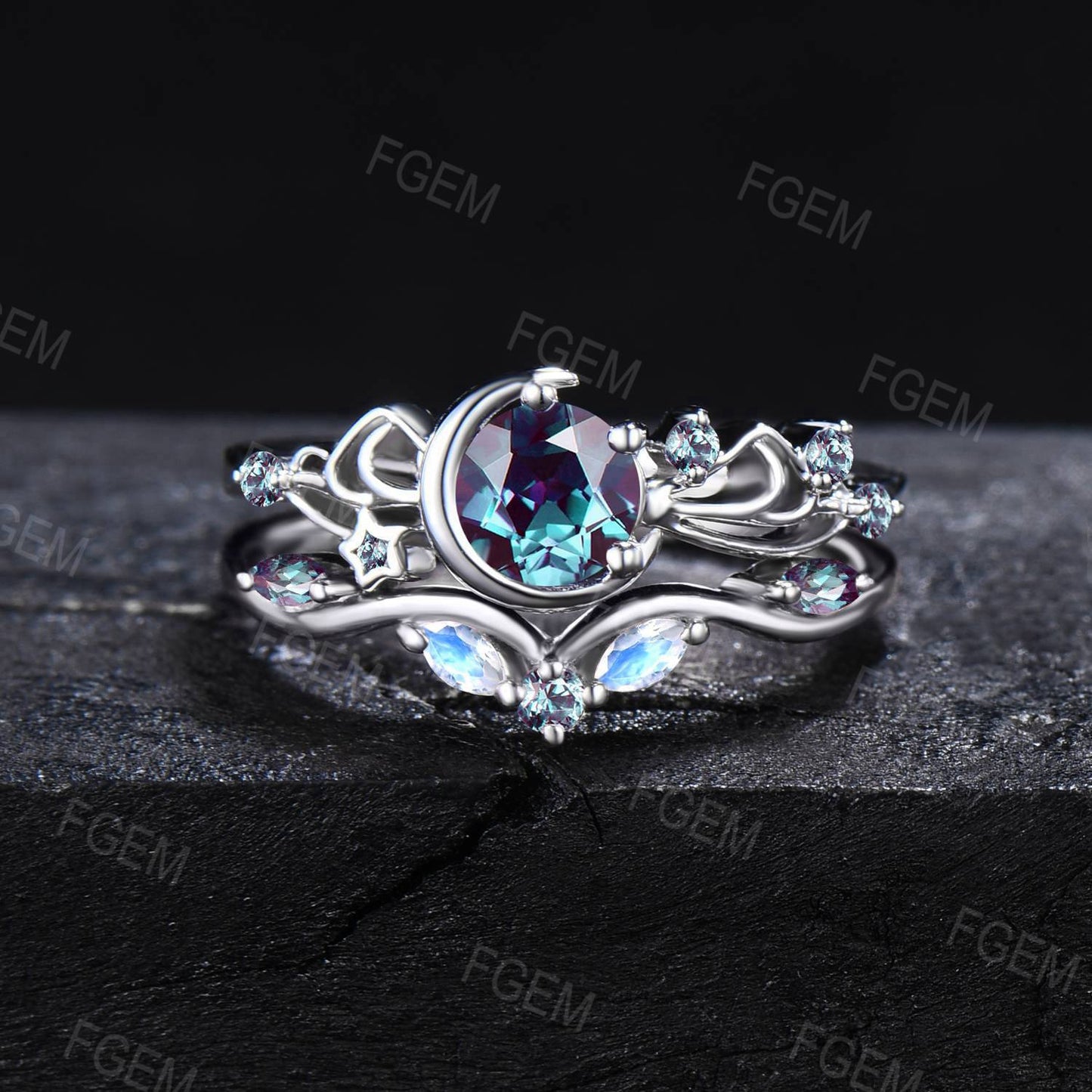 5mm Color-Change Alexandrite Ring Set Moon Star Design Bowknot Moonstone Ring Round Alexandrite Filigree Bridal Set June Birthstone Gifts