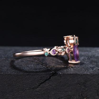 Branch Twig Vine Owl Amethyst Engagement Ring Antique Nature Inspired Pear Natural Purple Amethyst Emerald Wedding Ring Unique Proposal Gift