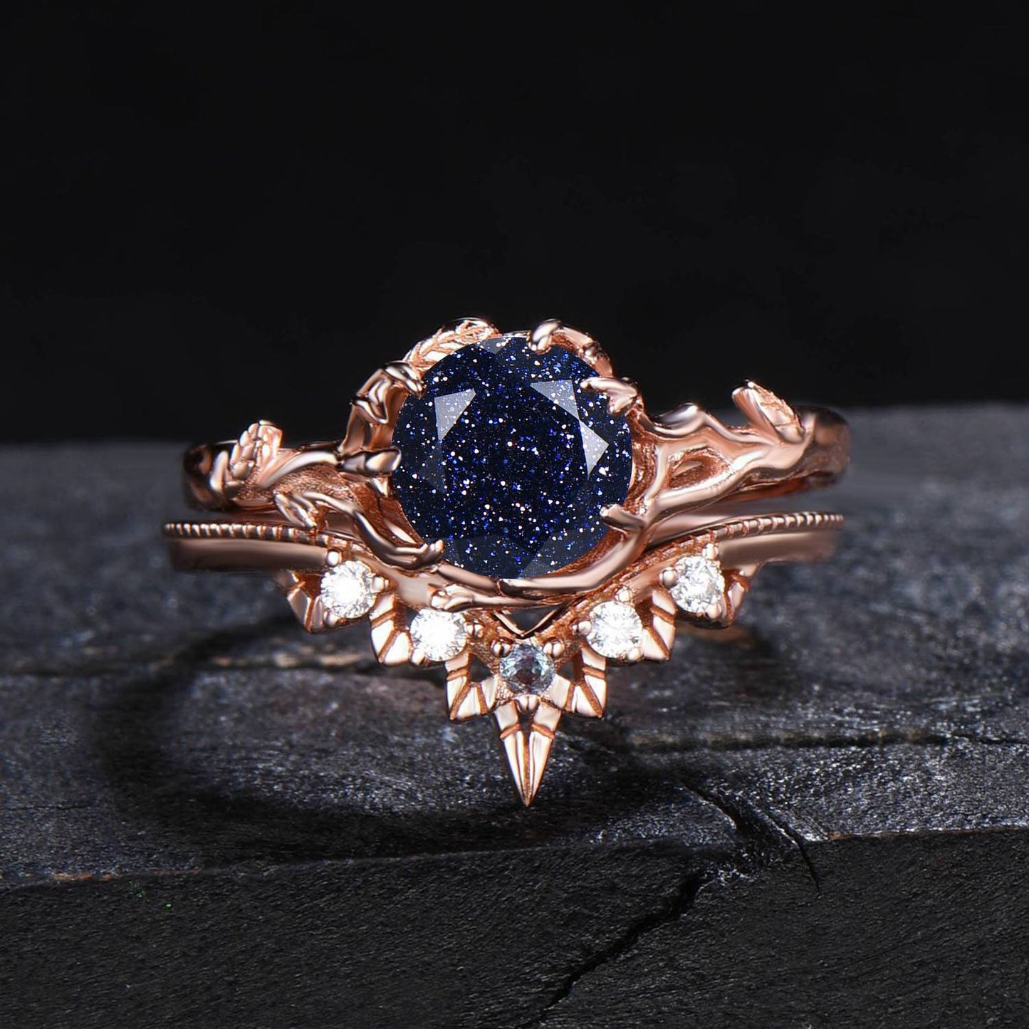 Leaf Textured Round Starry Sky Blue Sandstone Engagement Ring Branch Moissanite Bridal Set Vintage Blue Goldstone Wedding Ring Proposal Gift