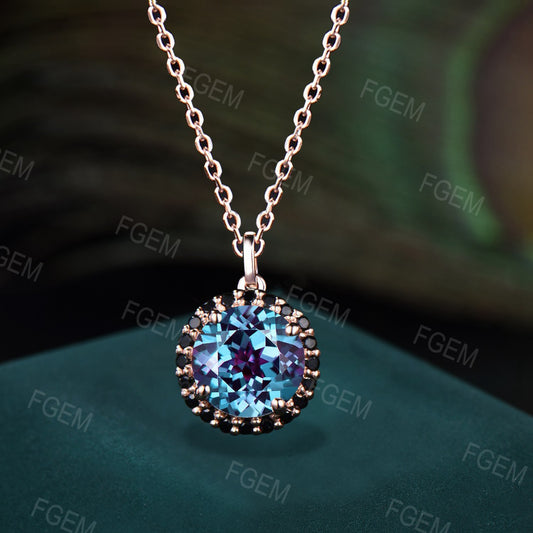 Vintage Round Color-Change Alexandrite Necklace Natural Black Diamond Halo Pendant Art Deco Rose Gold June Birthstone Necklace Promise Gift