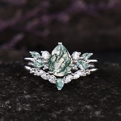 Unique Teardrop Moss Agate Engagement Ring Set Vintage Moissanite Cluster Wedding Ring 14k Rose Gold Sterling Silver 2pcs Bridal Ring Set
