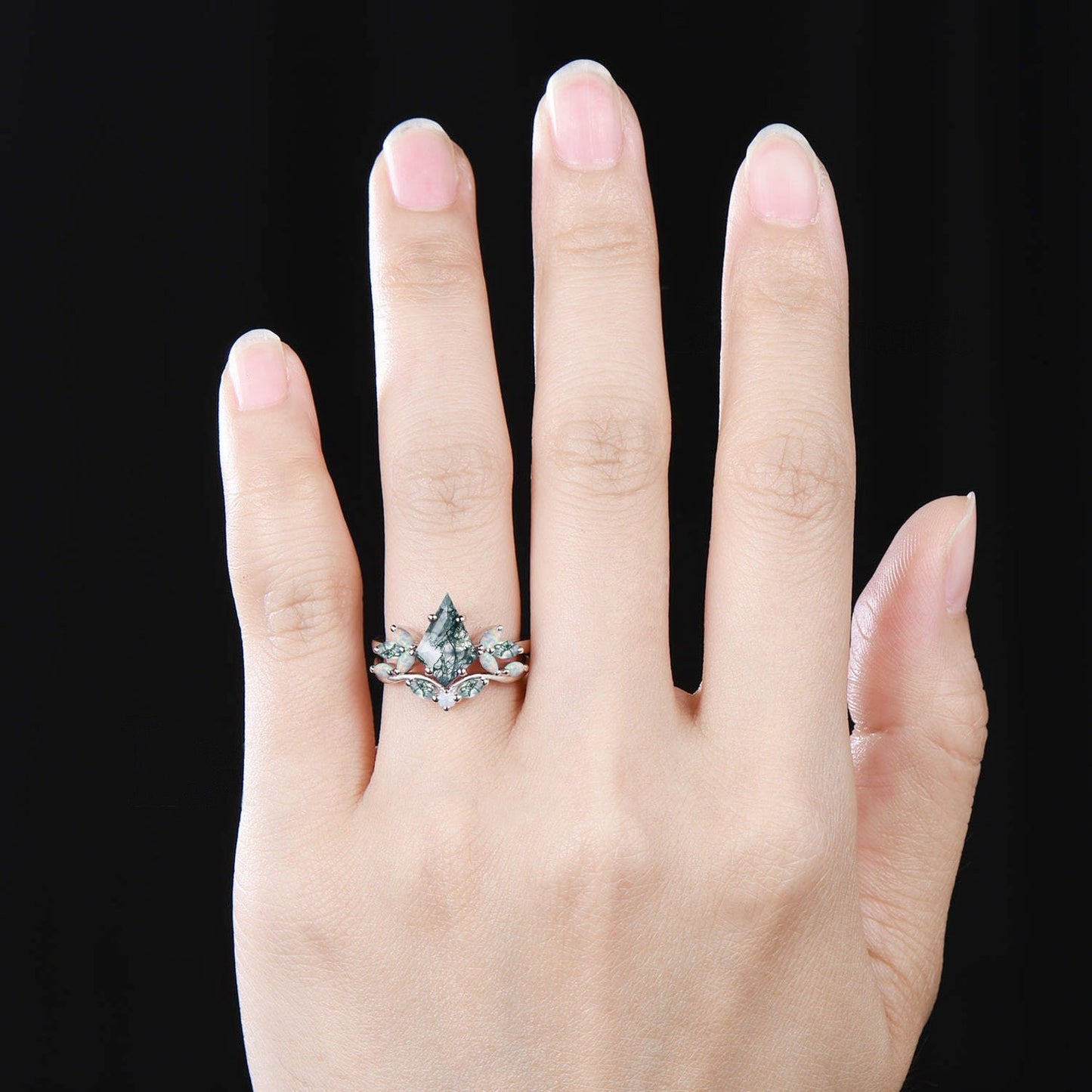 Kite Cut Green Moss Agate Engagement Ring Set Unique Marquise Natural Green Gemstone Cluster Ring 925 Sterling Silver 2pcs Bridal Ring Set