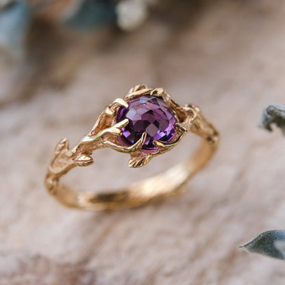 Amethyst Yellow Gold Engagement Women’s Ring "April" | Amethyst Engagement ring | Solid Gold ring | Engagement ring Flower | Nature ring