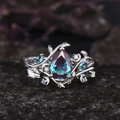June Birthstone Pear Cut Alexandrite Engagement Ring Set Unique 14k Rose Gold Leaf Vine Twig Branch Nature Inspired Ring Moon Jewelry Gift