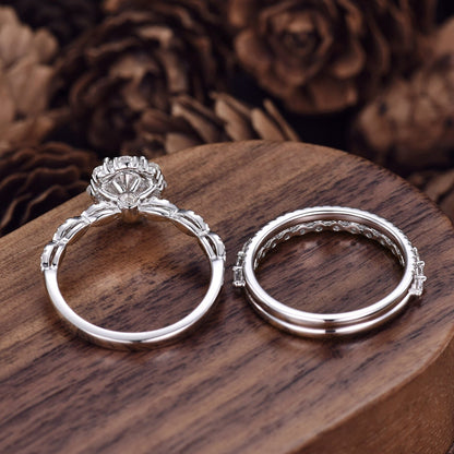 Vintage Moissanite engagement ring set unique white gold engagement ring women 2mm round cut wedding band Bridal Promise ring Platinum ring