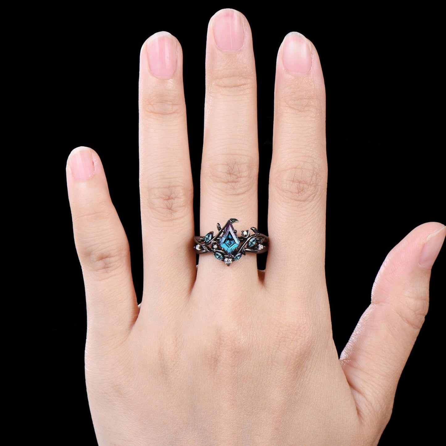 Kite Cut Alexandrite Engagement Ring Set Unique Leaf Vine Twig Branch Nature Inspired Ring Moon Ring June Birthstone 2pcs Bridal Ring Set