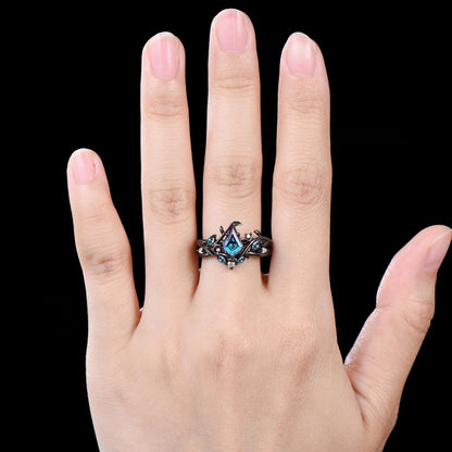 Kite Cut Alexandrite Engagement Ring Set Unique Leaf Vine Twig Branch Nature Inspired Ring Moon Ring June Birthstone 2pcs Bridal Ring Set
