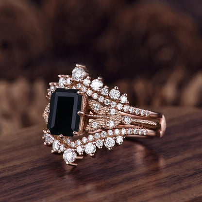 Vintage Black Onyx engagement ring set women rose gold Emerald cut engagement ring Unique Double curved stacking matching band Bridal Ring