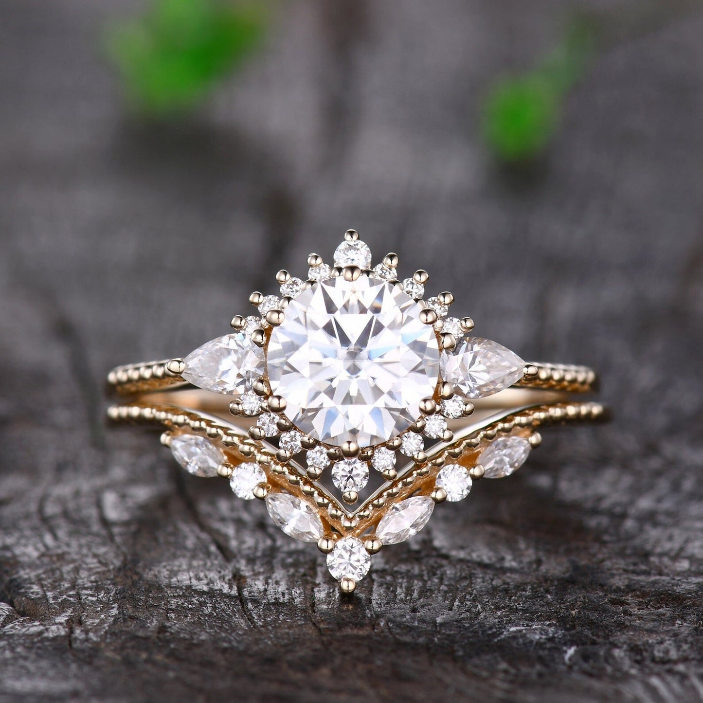 Vintage Moissanite Engagement Ring Set Rose Gold Wedding Ring Set Marquise Cluster Ring Art Deco Wedding Unique Bridal Anniversary Gift