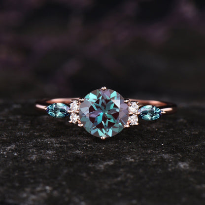 Vintage Round Alexandrite Engagement Ring Set June Birthstone Alexandrite Wedding Band 14k Rose Gold Cluster Halo 3pcs Bridal Ring Set Women