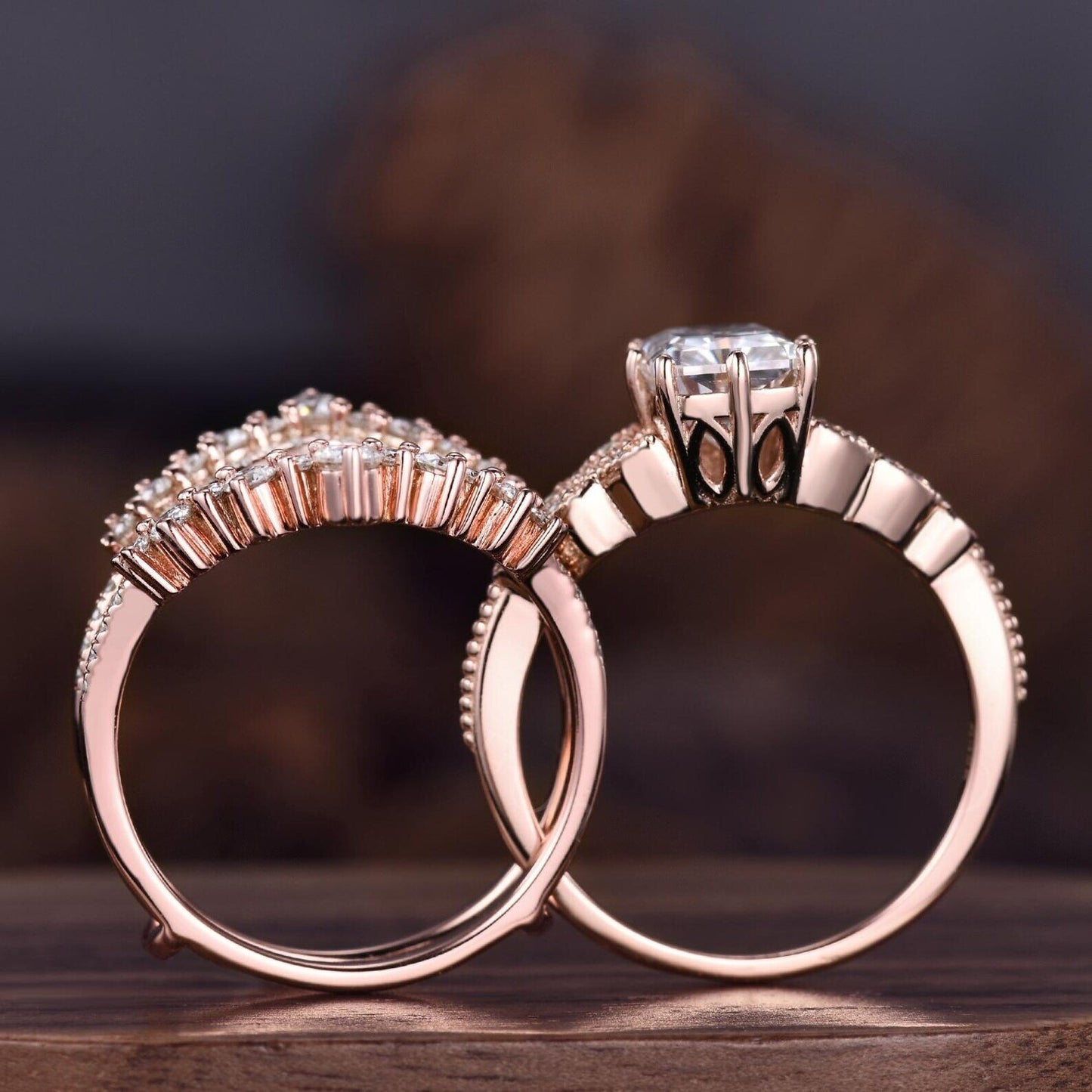 Vintage Black Onyx engagement ring set women rose gold Emerald cut engagement ring Unique Double curved stacking matching band Bridal Ring