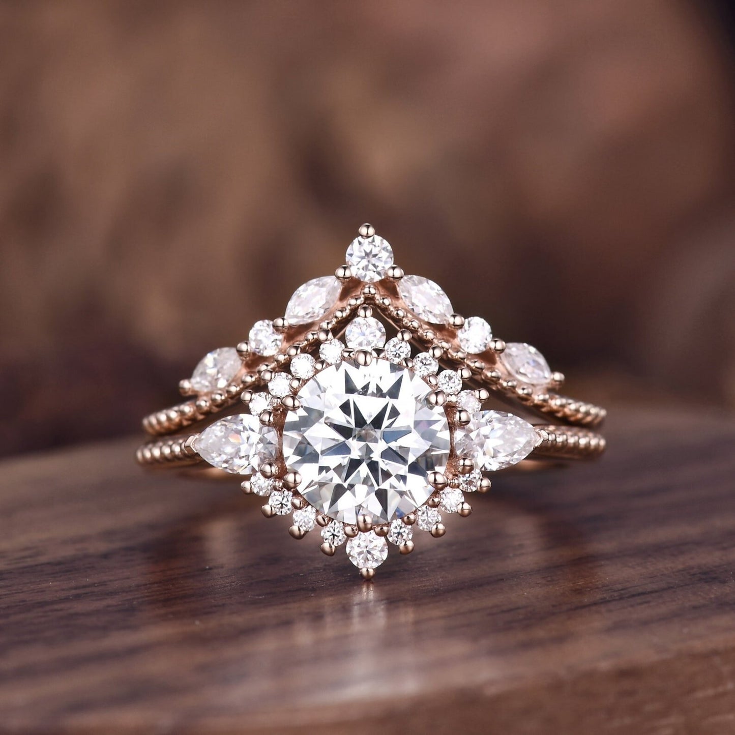 Vintage Moissanite Engagement Ring Set Rose Gold Wedding Ring Set Marquise Cluster Ring Art Deco Wedding Unique Bridal Anniversary Gift