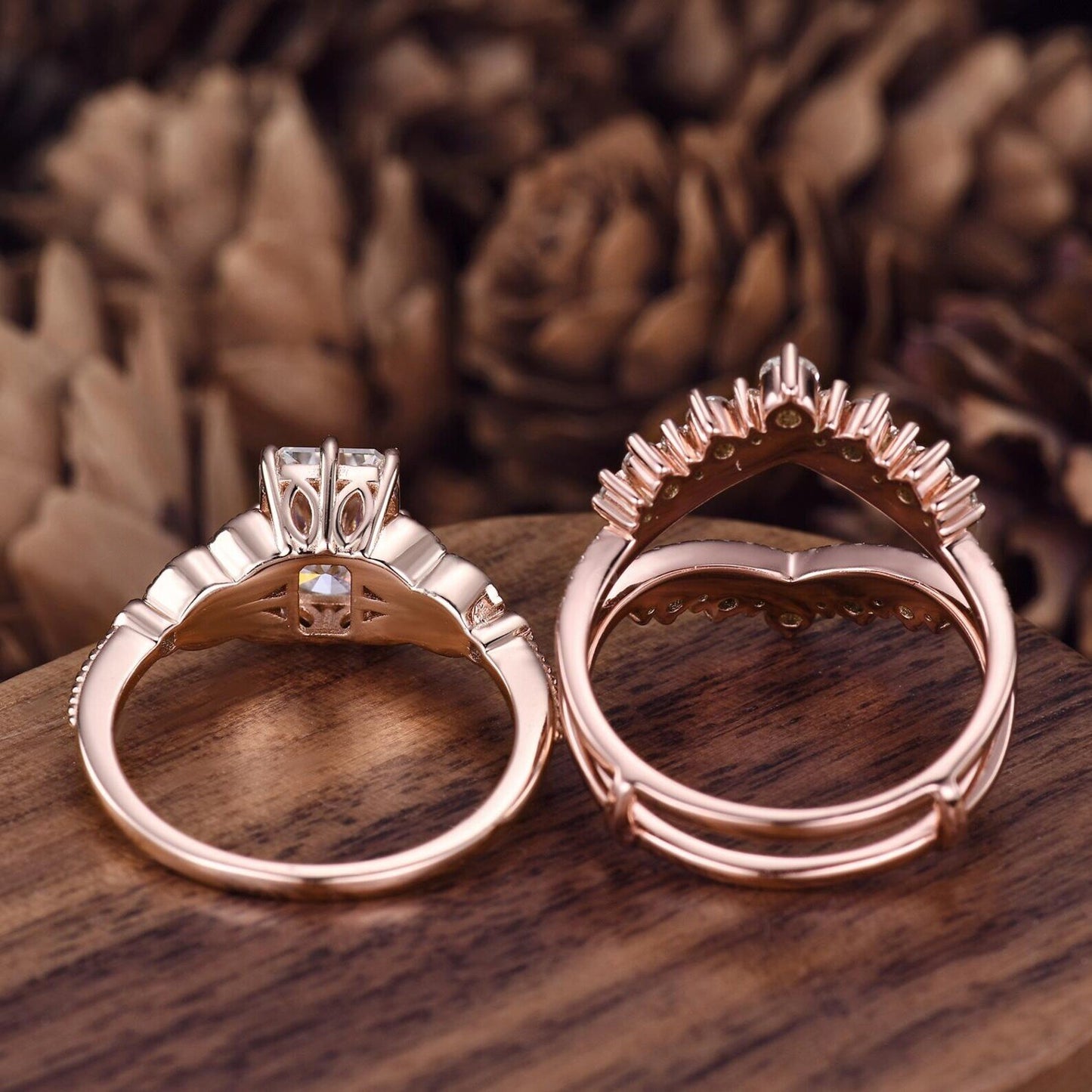 Vintage Black Onyx engagement ring set women rose gold Emerald cut engagement ring Unique Double curved stacking matching band Bridal Ring