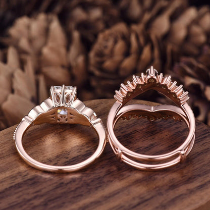 Vintage Black Onyx engagement ring set women rose gold Emerald cut engagement ring Unique Double curved stacking matching band Bridal Ring