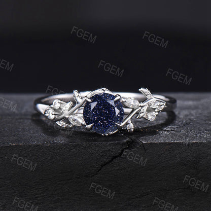 1ct Nature Inspired Round Cut Blue Sandstone Engagement Ring Cluster Moissanire Diamond Ring Blue Goldstone Promise Ring Anniversary Gift Women