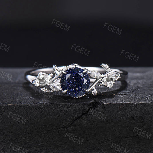 1ct Nature Inspired Round Cut Blue Sandstone Engagement Ring Cluster Moissanire Diamond Ring Blue Goldstone Promise Ring Anniversary Gift Women